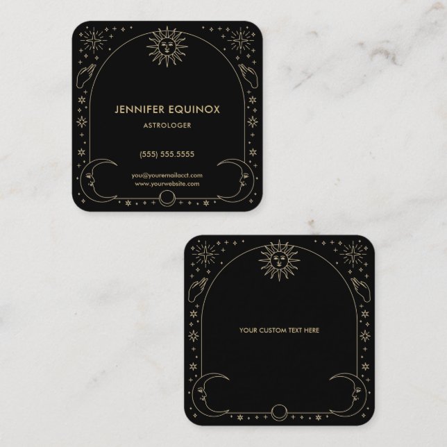 Celestial Gold and Black Astrologer Square Business Card (Front/Back)