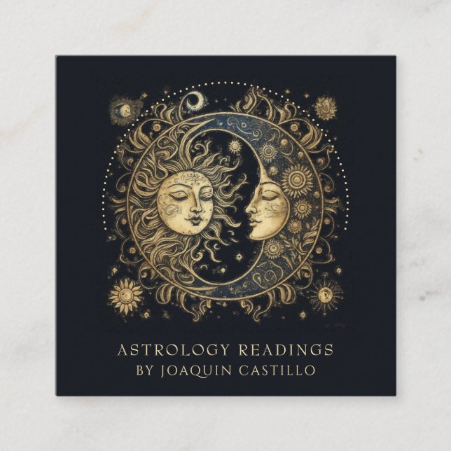 Celestial Gold Black Sun Moon Astrologer Square Business Card (Front)