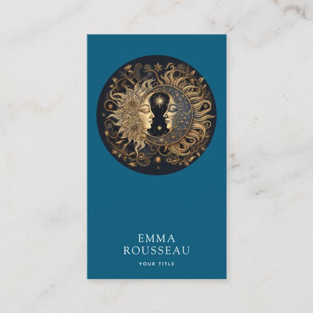 Celestial Gold Black Sun Moon Blue Business Card (Front)