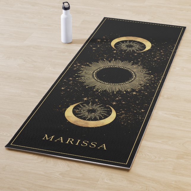 Celestial Gold Black Sun Moon Phase Personalised  Yoga Mat (In Situ)