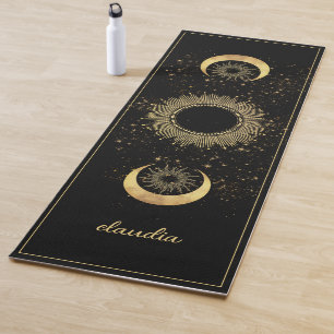 Celestial Gold Black Sun Moon Phase Personalized Yoga Mat