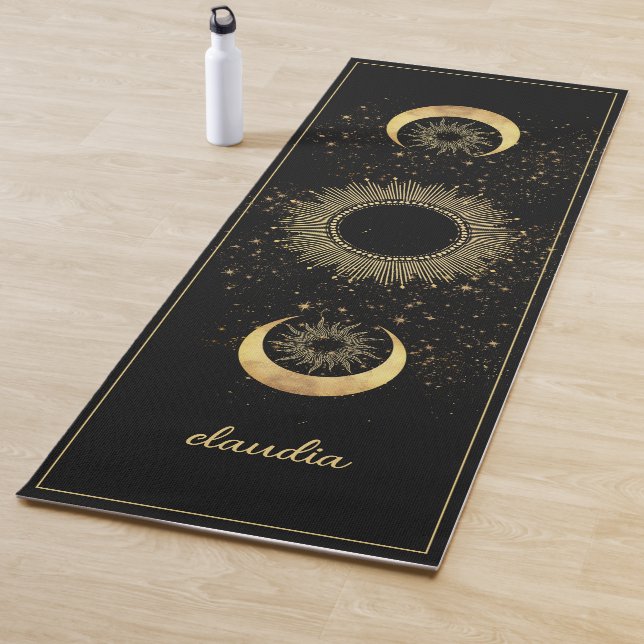 Celestial Gold Black Sun Moon Phase Personalized  Yoga Mat (In Situ)