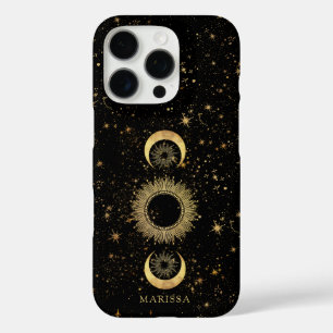 Celestial Gold Black Sun Moon Stars Personalised iPhone 16 Pro Case