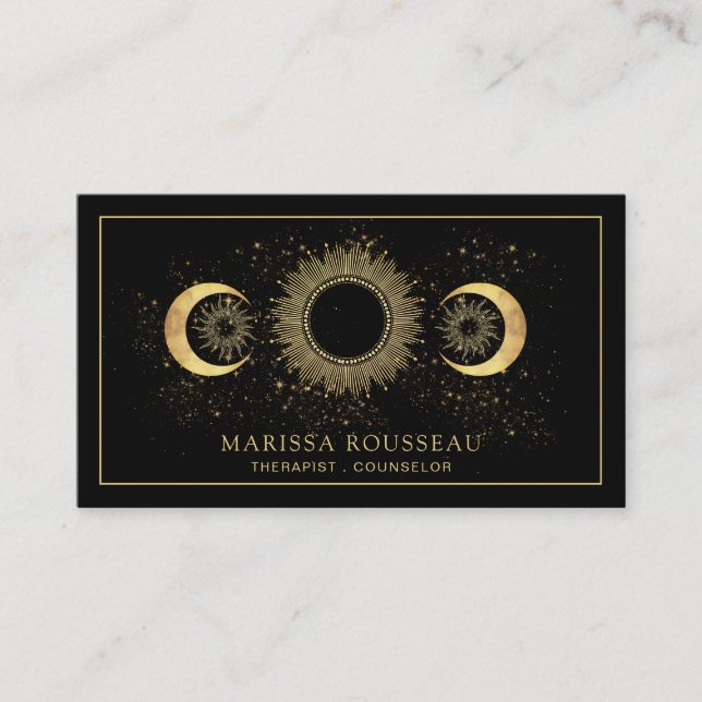 Celestial Gold Black Sun Moon Therapist Counsellor Business Card (Front)