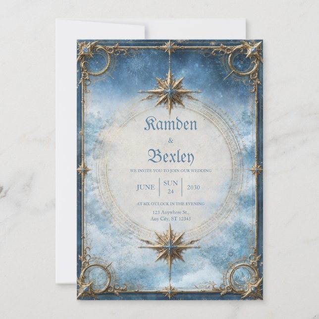 Celestial Gold Compass Wedding Invitation (Front)