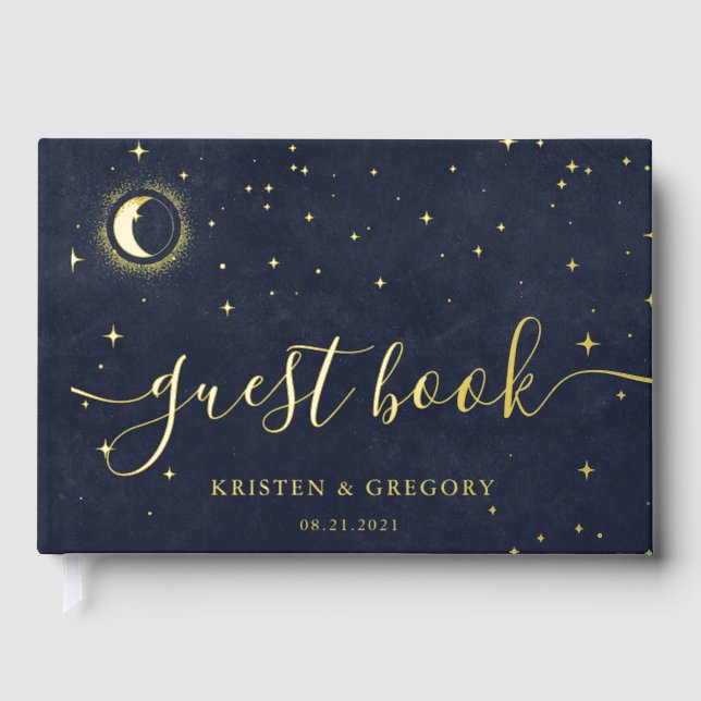 Celestial Gold Crescent Moon Wedding Guest Book (Front)