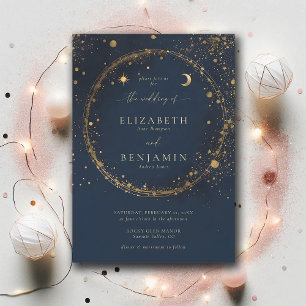 Celestial Gold Dust Midnight Blue Elegant Wedding Invitation