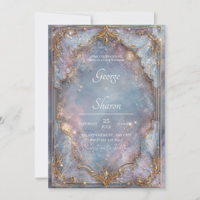 Celestial Gold Frame Galaxy Wedding Invitation (Front)