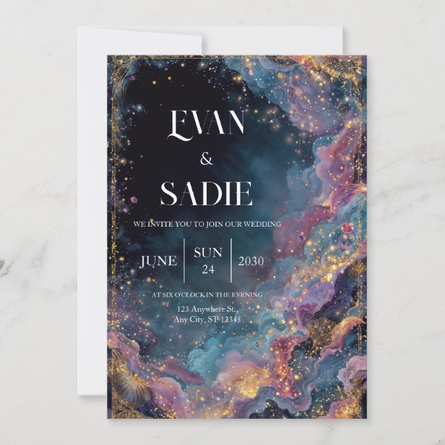 Celestial Gold Galaxy Wedding Invitation (Front)