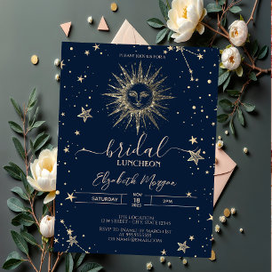 Celestial Gold Glitter Sun Stars Bridal Luncheon Invitation