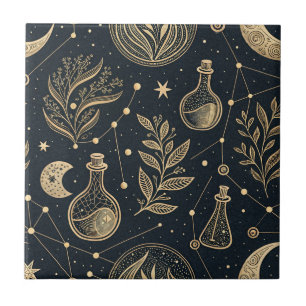 Celestial Gold Line Art - Moon Phases and Potions Tile