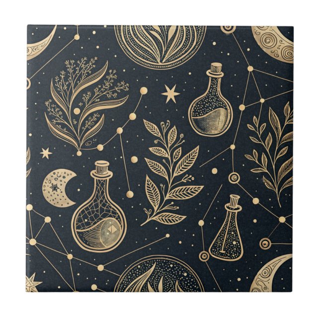 Celestial Gold Line Art - Moon Phases and Potions Tile (Front)