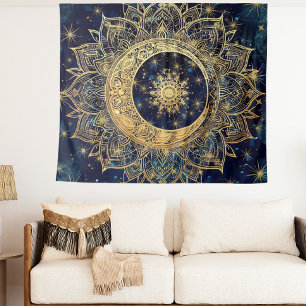 Celestial Gold Mandala Sun Moon Galaxy Blue Night Tapestry