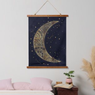 Celestial Gold Moon Aesthetic Hanging Tapestry