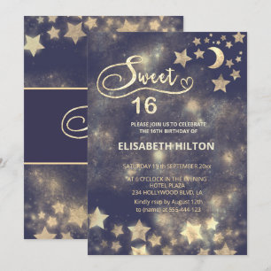 Celestial gold moon and stars sweet sixteen invitation