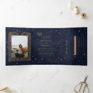 celestial gold moon floral wedding Tri-Fold invitation