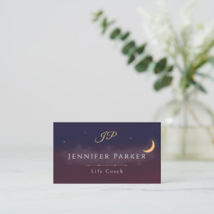 Celestial Gold Moon Monogram QR Business Card 
