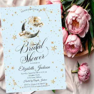 Celestial Gold Moon Stars Light Blue Invitation