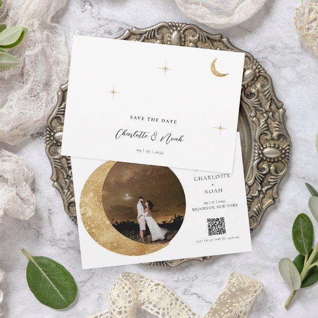 Celestial Gold Moon Stars Photo QR Code Wedding Save The Date (Creator Uploaded)