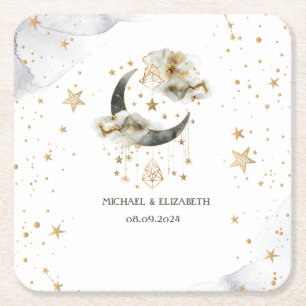 Celestial Gold Moon Stars  Square Paper Coaster