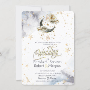 Celestial Gold Moon Stars Watercolor Invitation
