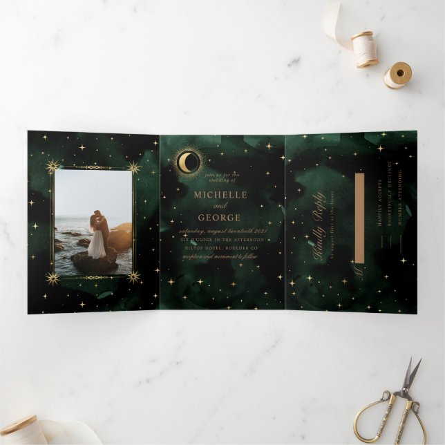 Celestial Gold Moon Tri Fold Wedding Invitation (Inside)