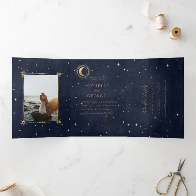 celestial gold moon tri fold wedding invitation (Inside)