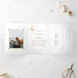 celestial gold moon tri fold wedding invitation