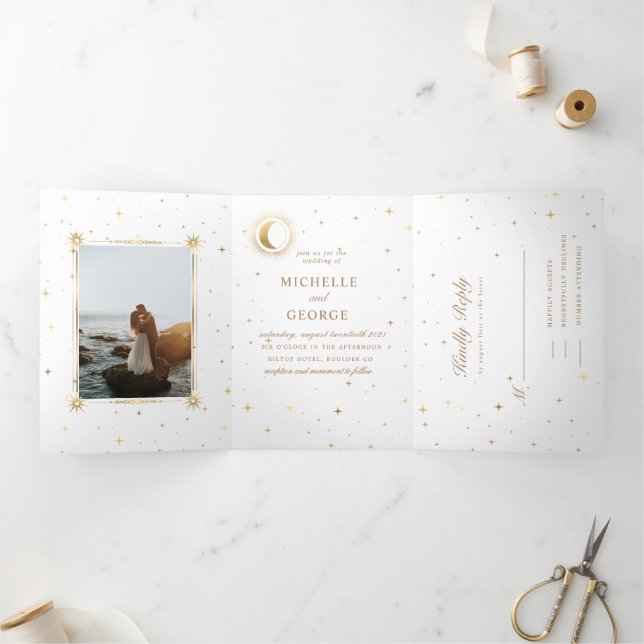 celestial gold moon tri fold wedding invitation (Inside)