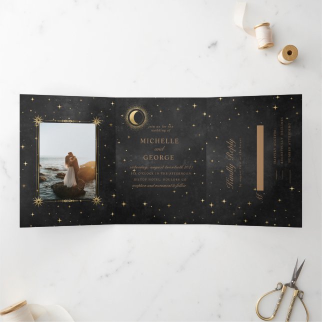 Celestial Gold Moon Tri Fold Wedding Invitation (Inside)