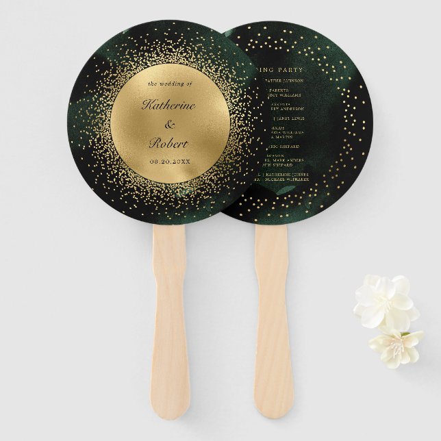Celestial Gold Moon Wedding Program Hand Fan (Front and Back)
