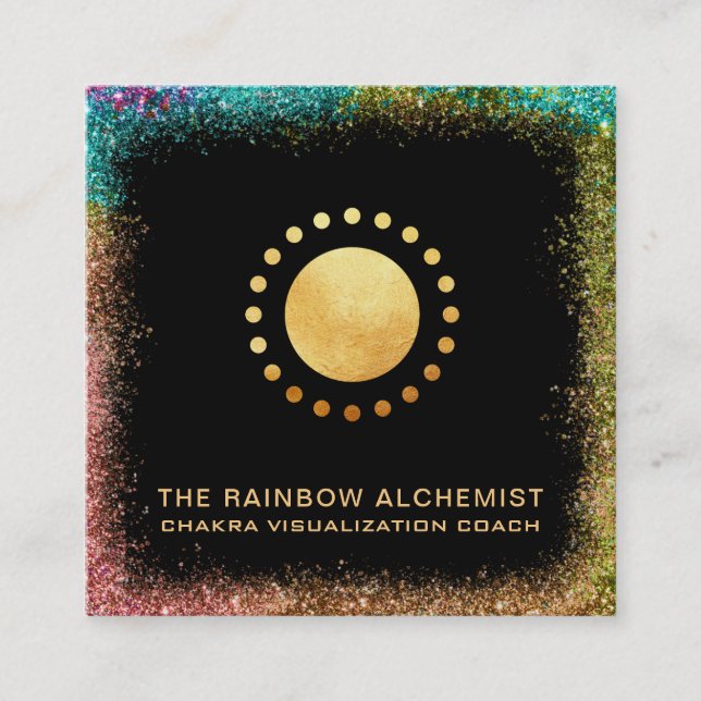 *~*  Celestial Gold Sacred Geometry Chakra Glitter Square Business Card (Front)