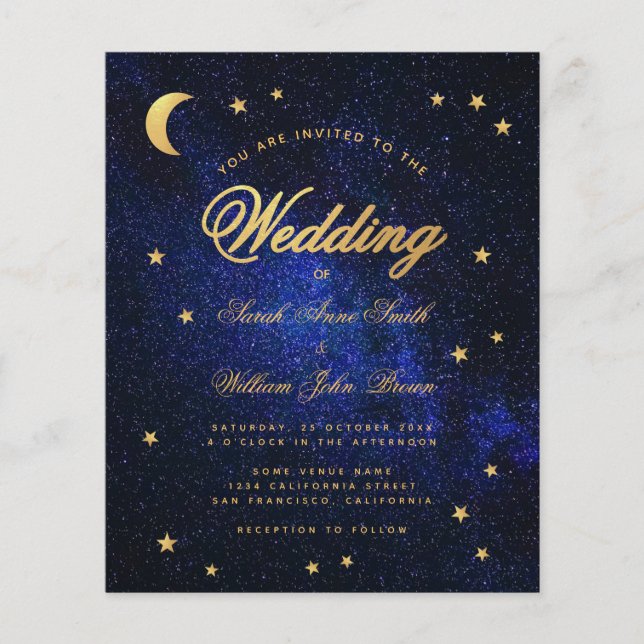 Celestial Gold Star Moon Budget Wedding Invitation (Front)