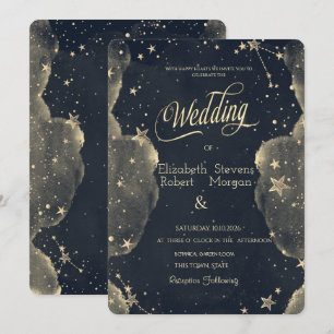 Celestial Gold Star Sun And Moon Clouds Wedding Invitation