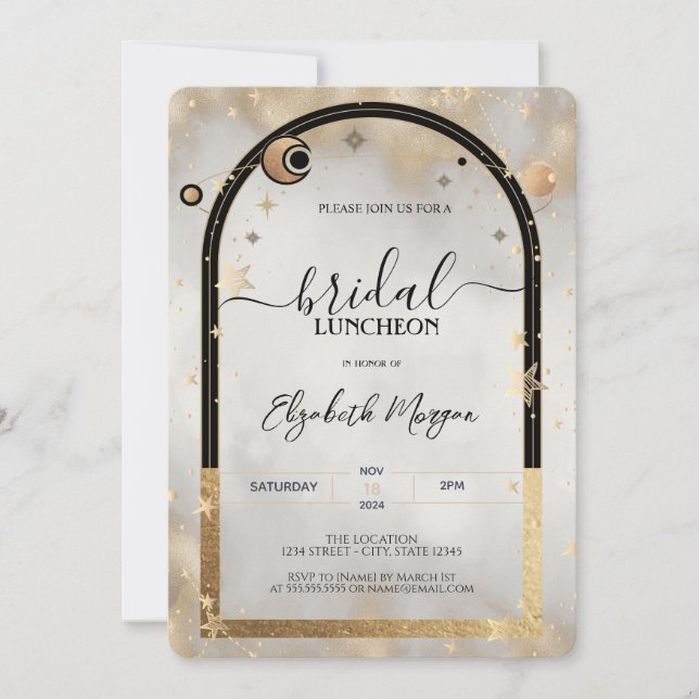 Celestial Gold Star Sun Moon Galax Bridal Luncheon Invitation (Front)