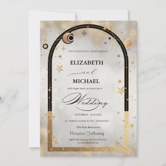 Celestial Gold Star Sun Moon Galaxy Wedding Invitation (Front)