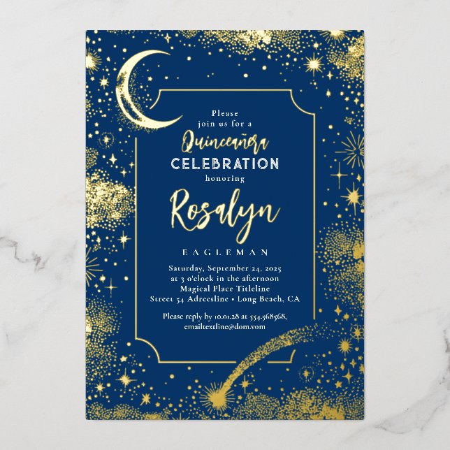 Celestial Gold Stars and Moon Night Quinceanera  (Front)