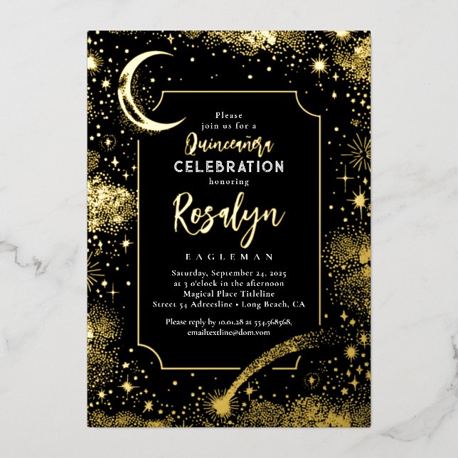 Celestial Gold Stars and Moon Night Quinceanera  (Front)