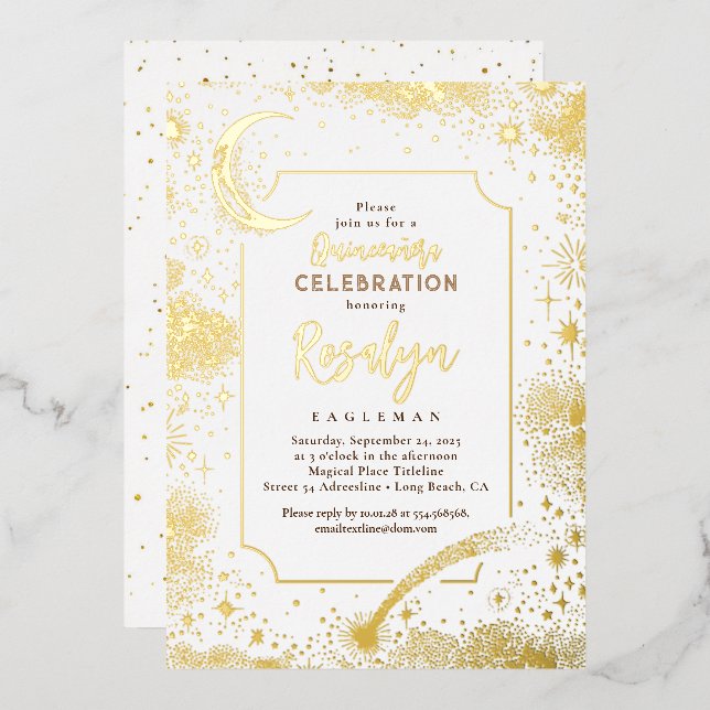 Celestial Gold Stars and Moon Night Quinceanera  (Front/Back)