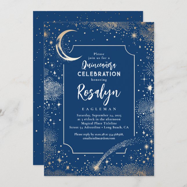 Celestial Gold Stars and Moon Night Quinceanera  Invitation (Front/Back)