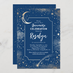 Celestial Gold Stars and Moon Night Quinceanera  Invitation
