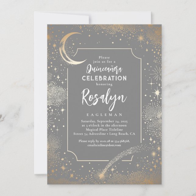 Celestial Gold Stars and Moon Night Quinceanera  Invitation (Front)