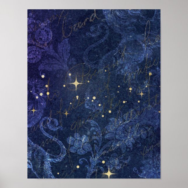 Celestial gold stars blue floral flocked faded poster (Front)