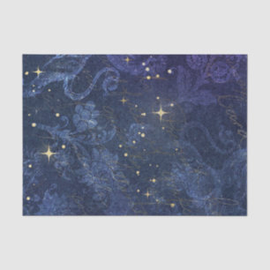 Celestial gold stars blue floral flocked faded  tissue paper