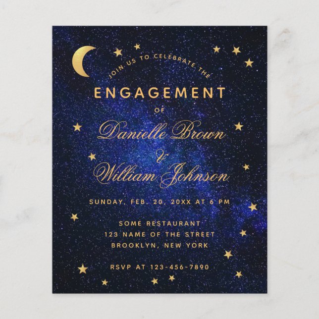 Celestial Gold Stars Budget Engagement Invitation (Front)
