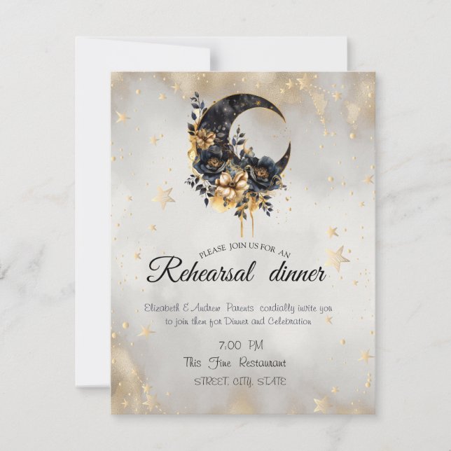 Celestial Gold Stars Floral Moon Invitation (Front)