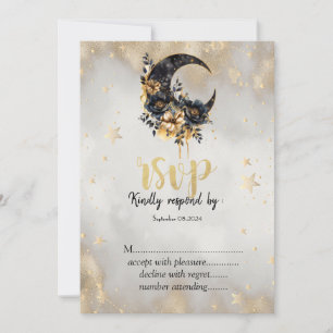Celestial Gold Stars Floral Moon RSVP   Invitation