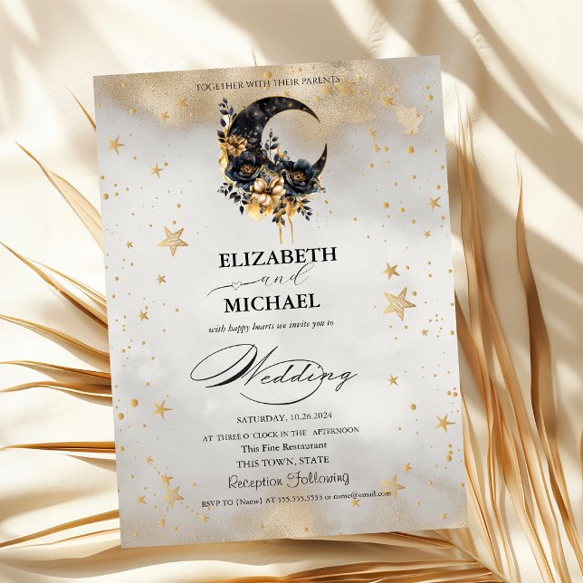Celestial Gold Stars Floral Moons Script Invitation (Creator Uploaded)