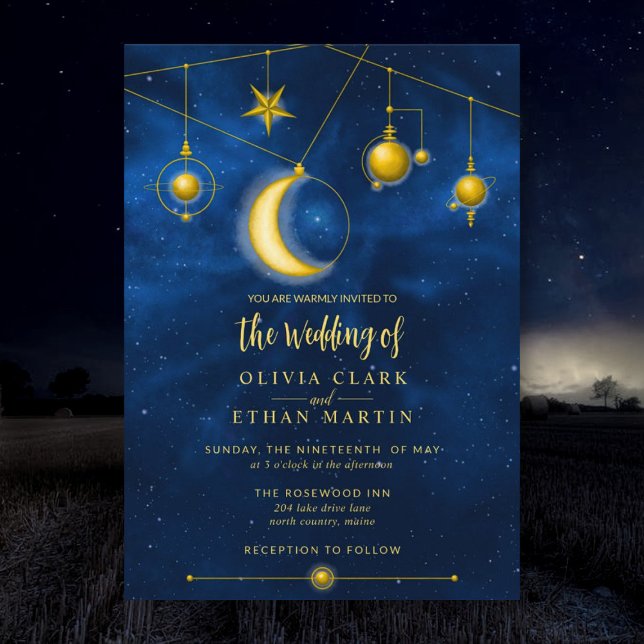 Celestial Gold Stars Midnight Blue Romantic  Invitation (Creator Uploaded)