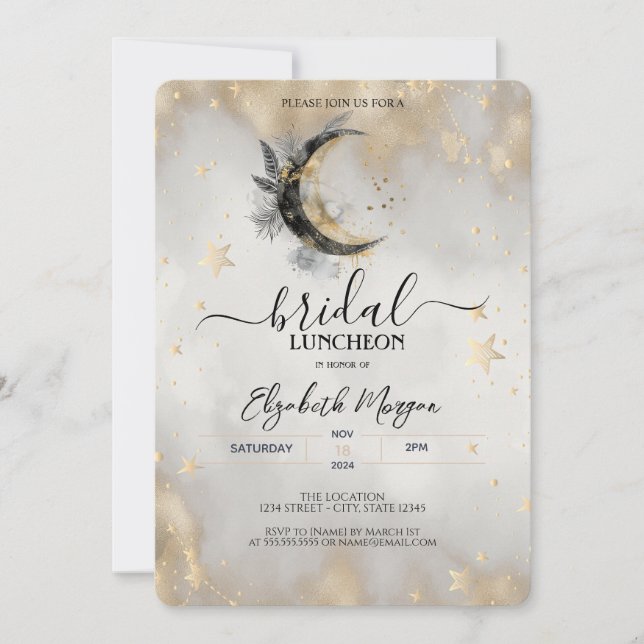 Celestial Gold Stars Moon Feather Bridal Luncheon Invitation (Front)